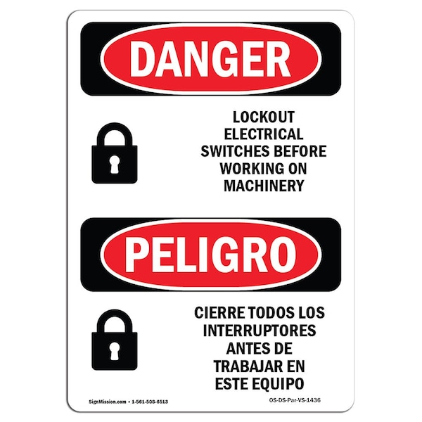 Safety Sign, OSHA Danger, 5" Height, Lockout Electrical Switch Working Spanish, 10PK